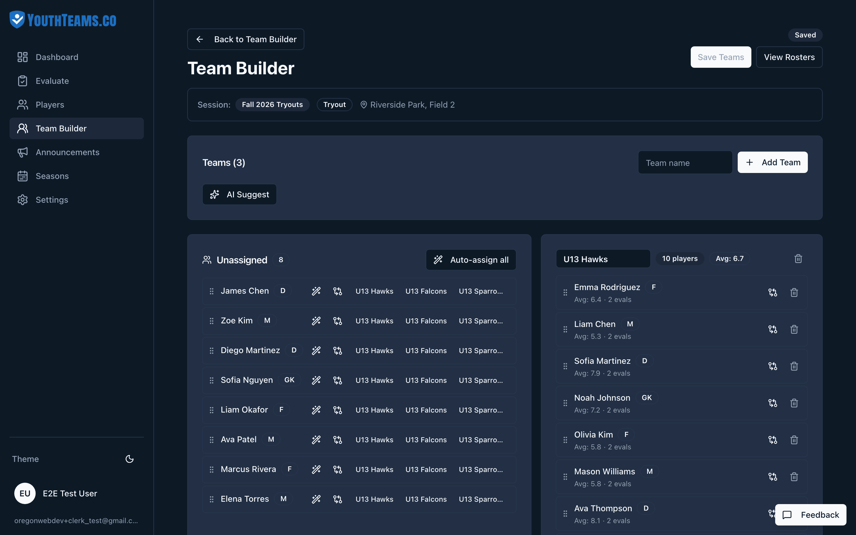 AI Team Builder with filled U13 Hawks roster and average ratings