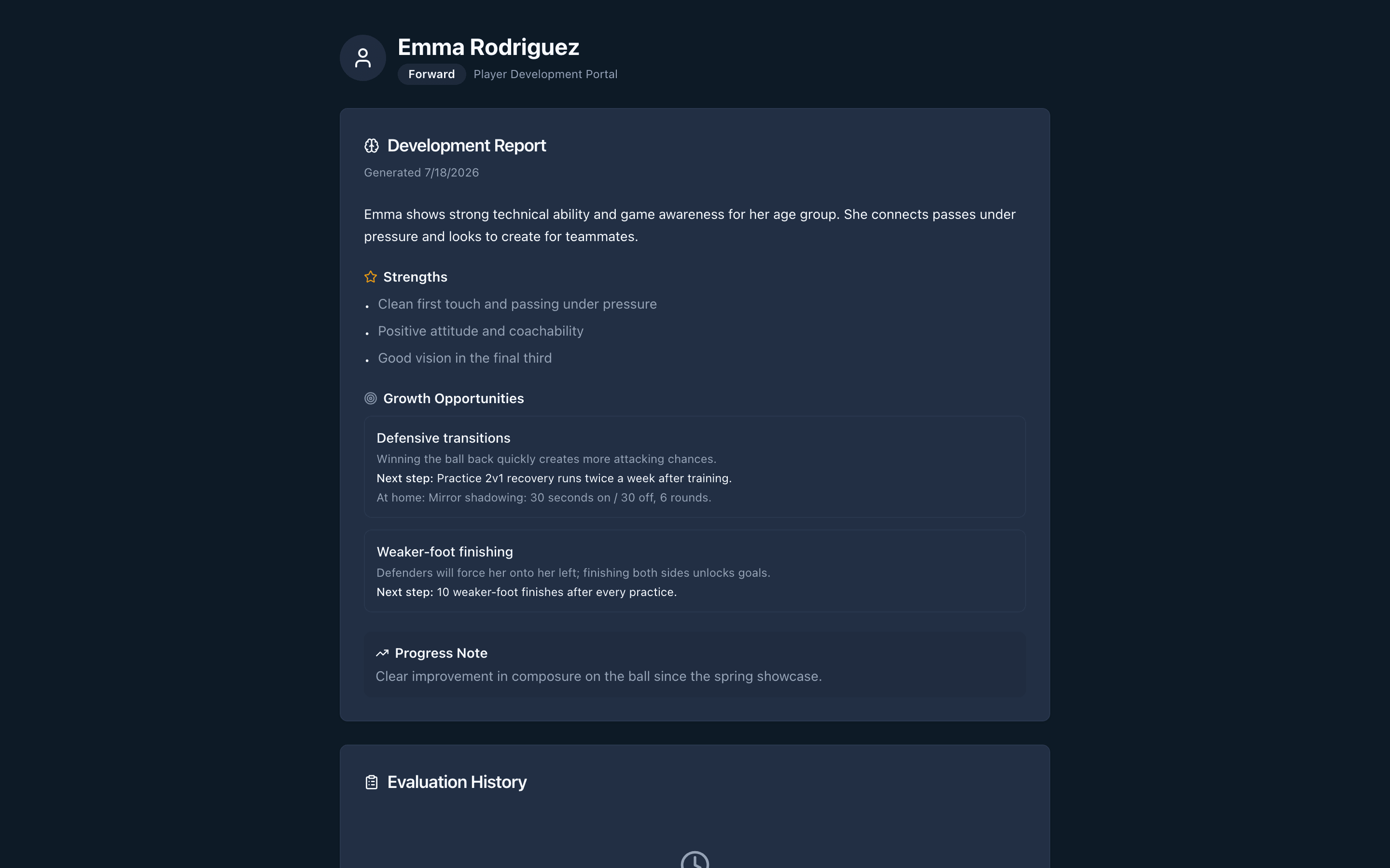 Parent portal showing Emma Rodriguez development report with strengths and growth areas