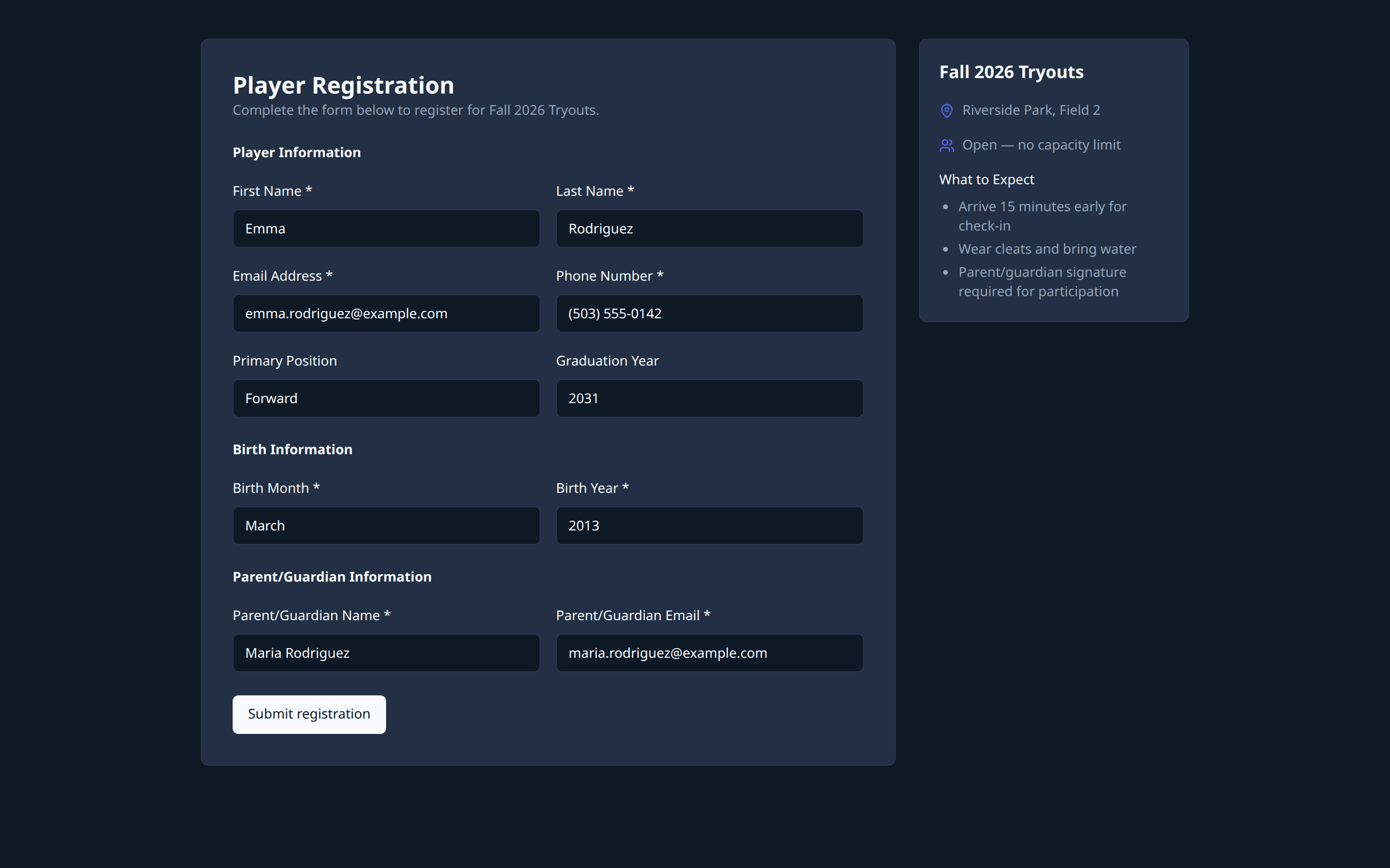 Public youth sports tryout registration form on YouthTeams